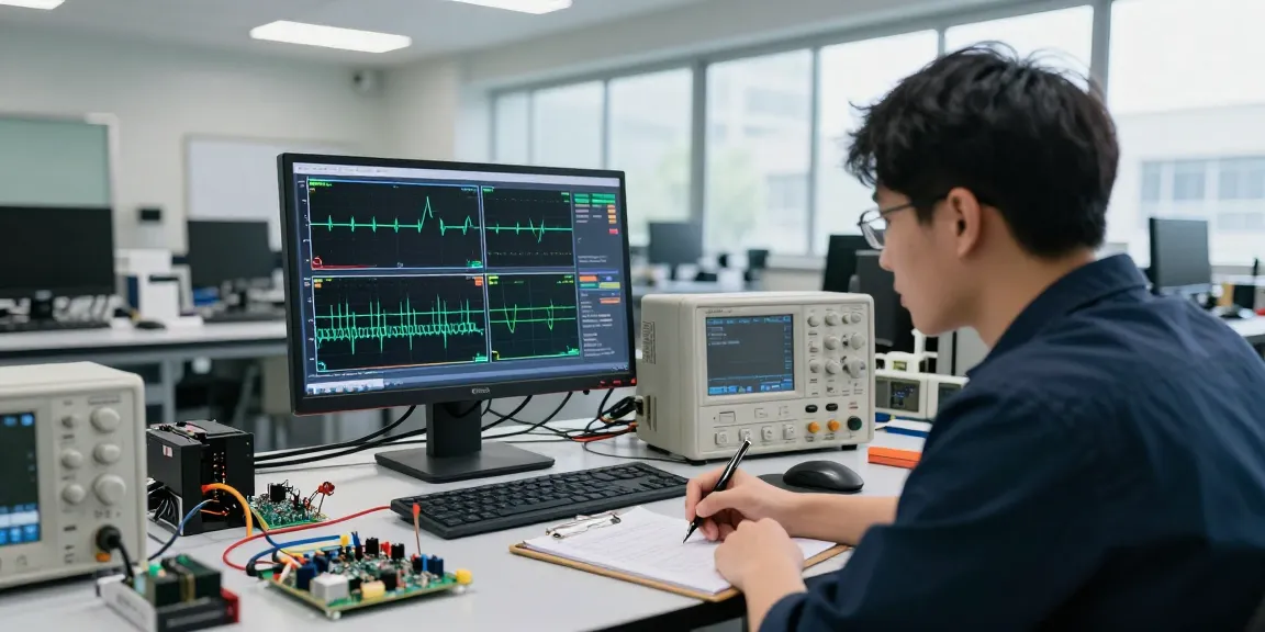 Engineer using a digital oscilloscope, 4 channel oscilloscope for precise electronic testing.
