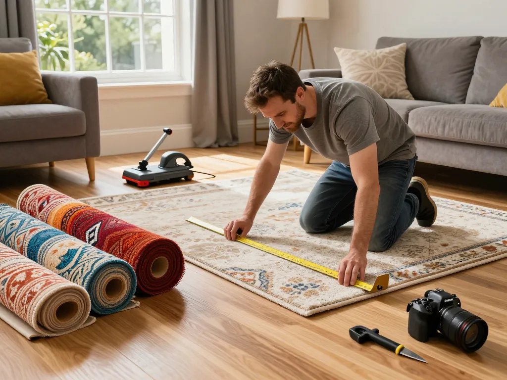 Expert carpet fitting services West London in a cozy living room, showcasing professional installation and colorful carpet rolls.