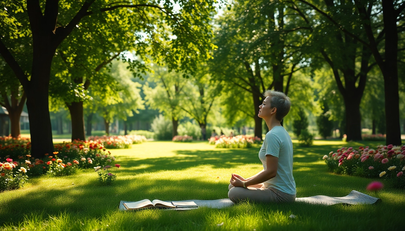Practicing mental wellness in a serene park, highlighting mindfulness and tranquility.