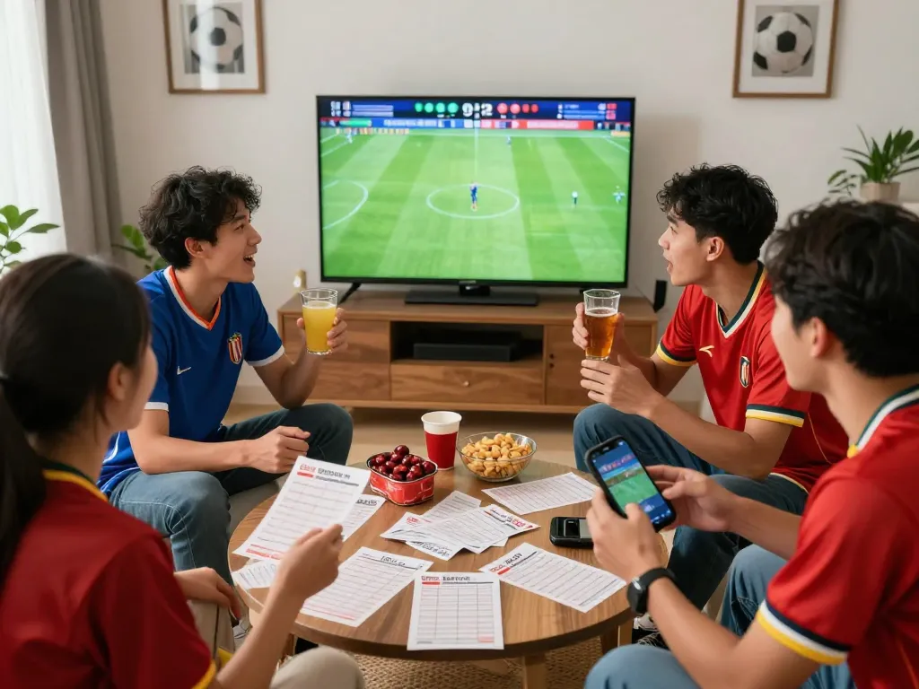 Excited friends watching kèo bóng đá hôm nay with snacks and drinks in a lively sports betting atmosphere.