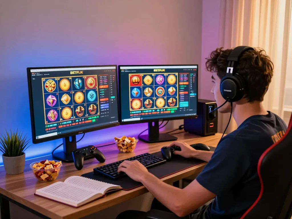 Player engaged in an exciting गेमिंग session at home on BETFLIK, showcasing vibrant screen displays and a lively atmosphere.
