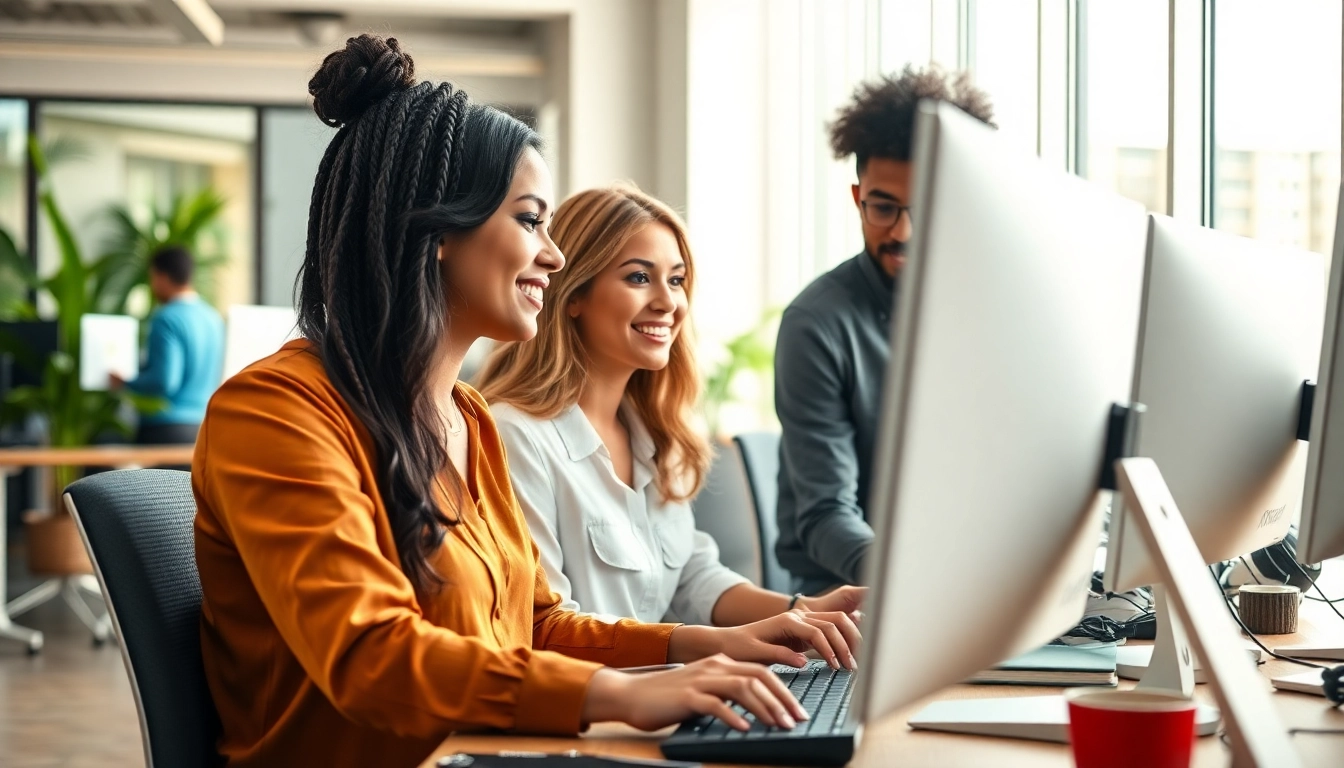 Typing Center professionals collaborating in a bright, modern office environment.
