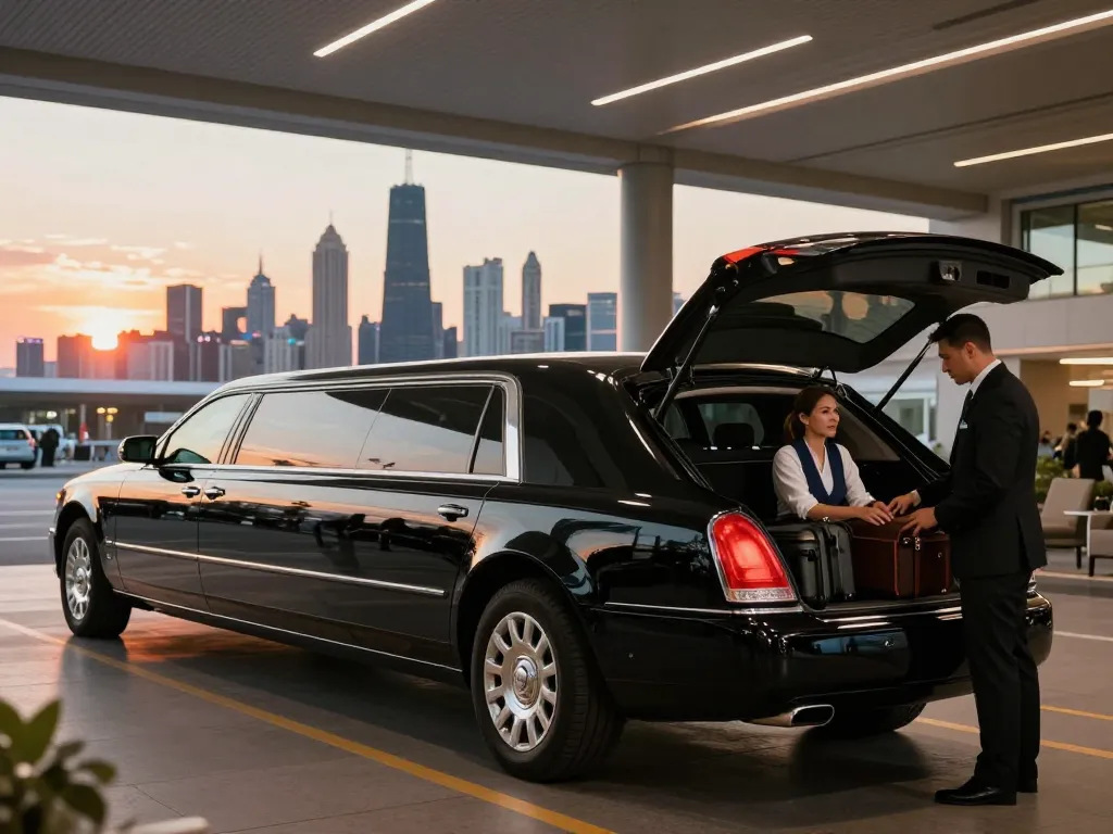 Luxury airport transportation O'Hare with a professional chauffeur beside a sleek limousine preparing for passengers.