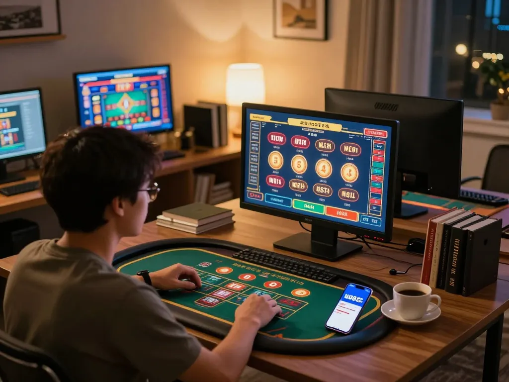 Person engaged in online gaming at uu88 com, showcasing excitement and strategy in a cozy home setup.