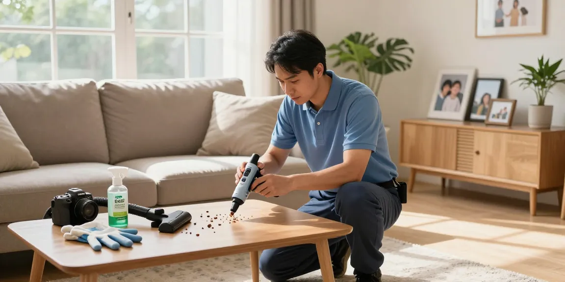 Bed bug exterminator inspecting a sofa for bed bugs in a cozy living room.
