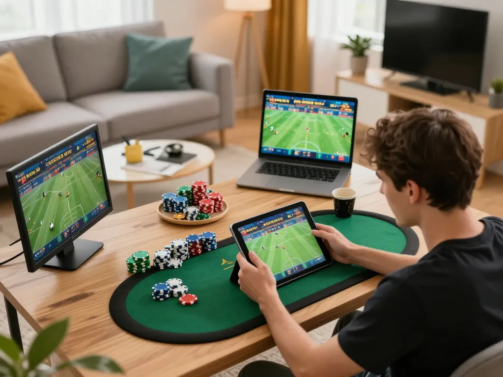 Player strategizing their bets at nhà cái fly88 in a cozy home setting with vibrant online gaming atmosphere.
