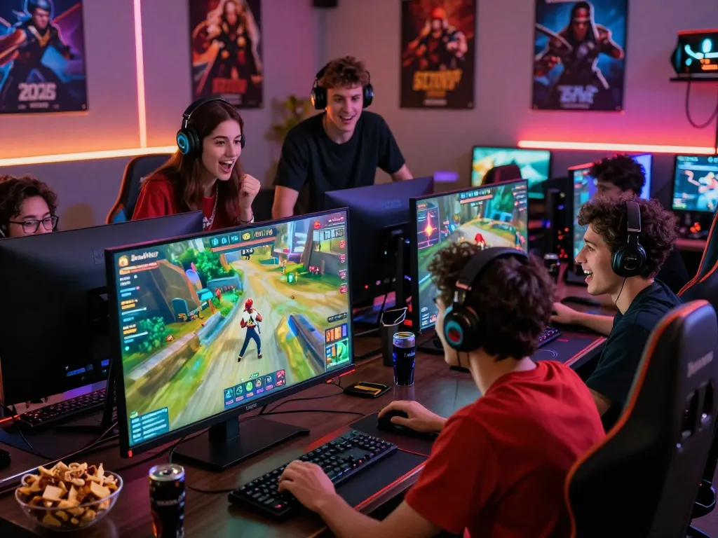 Bomwin gaming platform scene featuring diverse friends enjoying a multiplayer game.