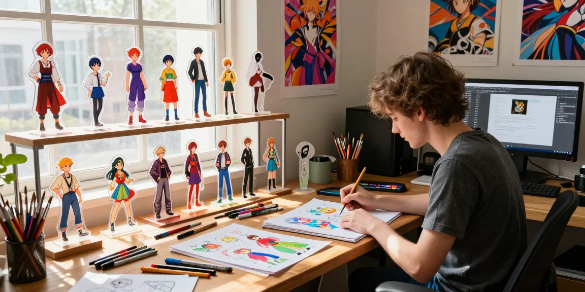 Custom acrylic stand showcasing vibrant artwork in a creative workspace