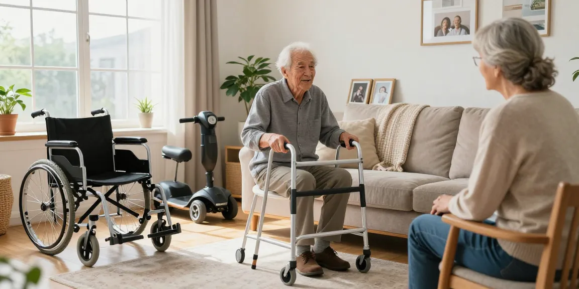 Buy nobility aids showcased in a welcoming home setting with various mobility devices promoting independence for the elderly.