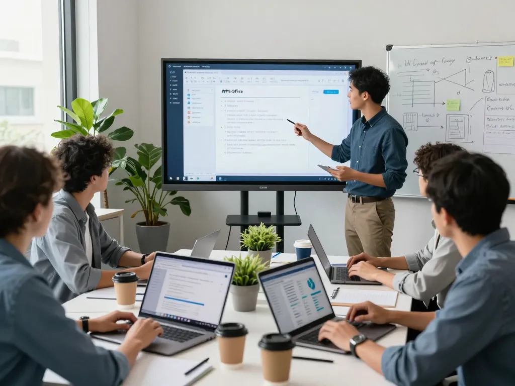 Collaborative office scene using WPS Office for document editing and project management.