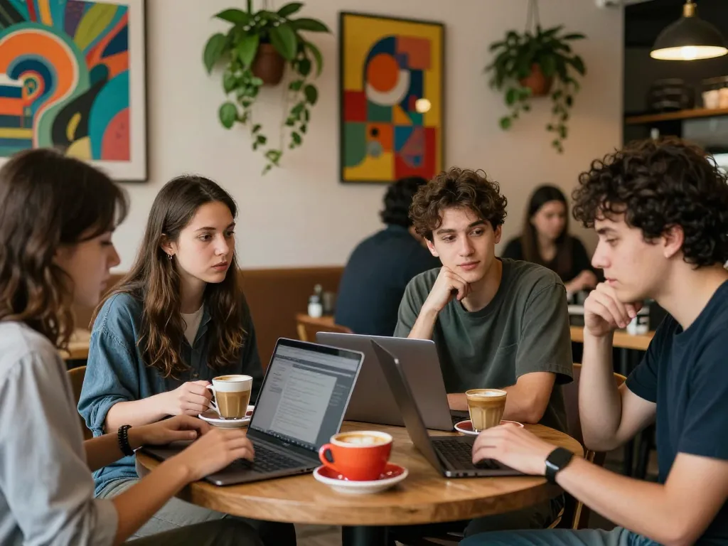 Group discussing nsfw content creation in a trendy café, vibrant art and coffee present.