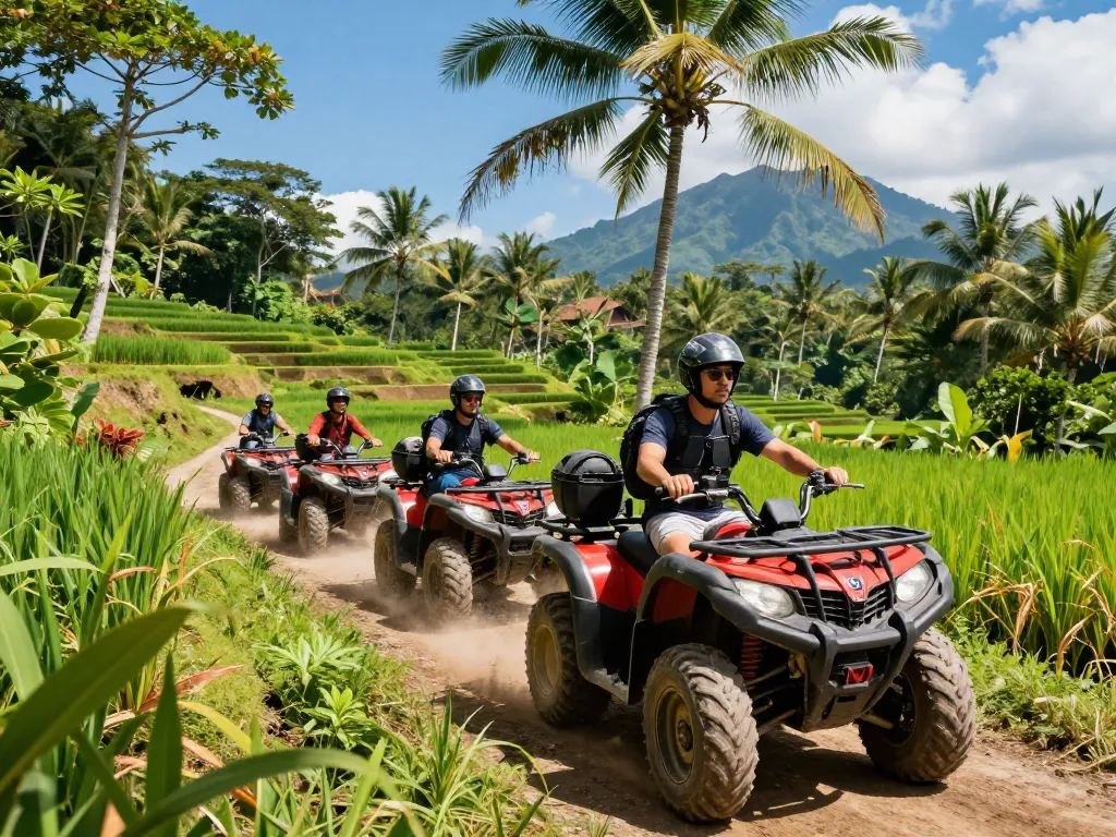 Bali tour packages featuring travelers on an ATV adventure through vibrant jungles and rice fields.