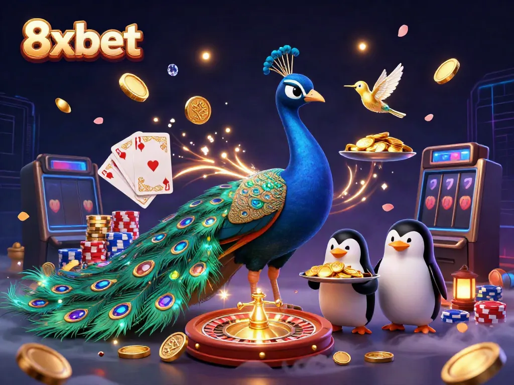 Engage with the vibrant 8xbet casino world, showcasing a peacock and penguin amid a whirlwind of treasures.