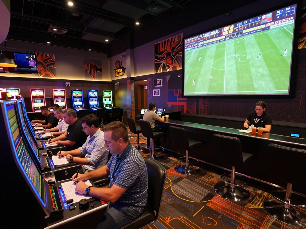Enthusiastic bettors engaging in keonhacai sports betting while enjoying live matches on large screens.
