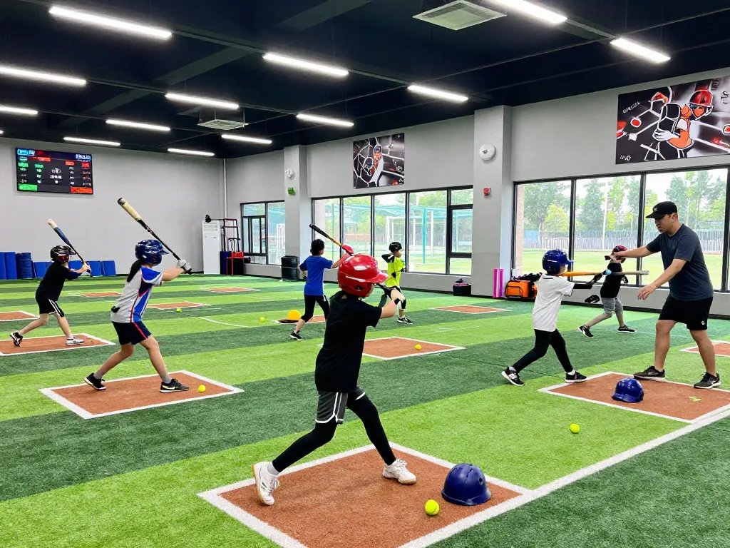 hitclub baseball training session with young athletes practicing hitting techniques indoors