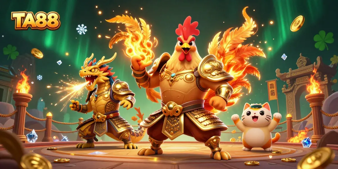 TA88 casino scene with armored rooster and dragon at a vibrant betting arena.