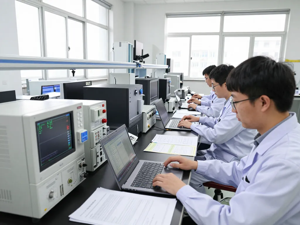 Engineers in a modern EMC testing lab preparing for TCB submission with advanced equipment.