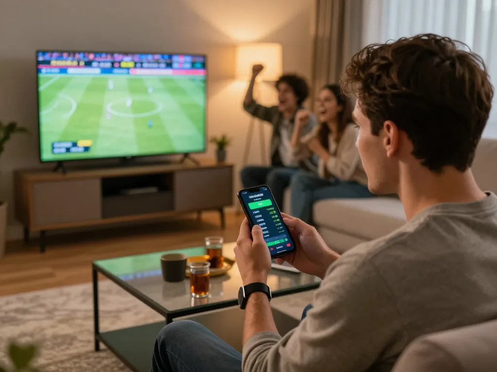 LU88 player enjoying live sports betting on smartphone in a cozy atmosphere.