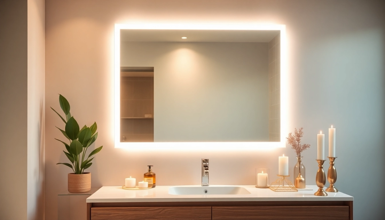 Illuminated elegant led mirror adding sophistication to a modern bathroom vanity.