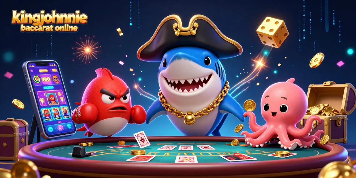 Engage with kingjohnnie baccarat online as lively characters play at a dynamic baccarat table, surrounded by excitement.