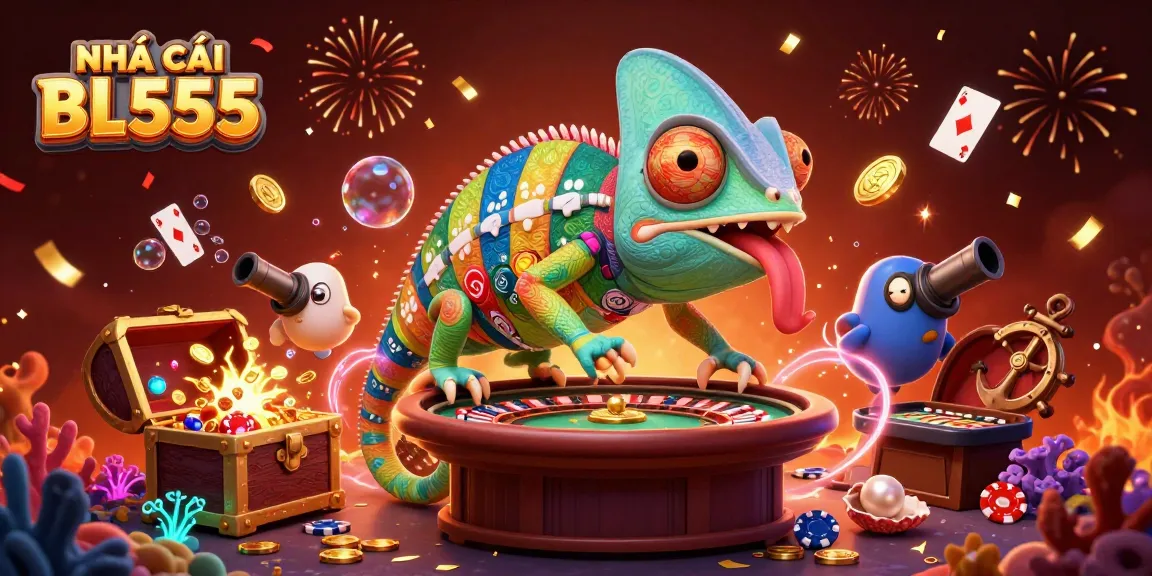 NHÀ CÁI BL555 chameleon owner captures golden coins in a vibrant casino scene featuring underwater treasures.