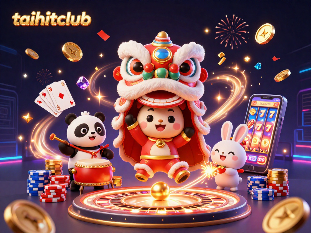 Experience the thrill of taihitclub's vibrant casino scene with lion dancers and golden coins.