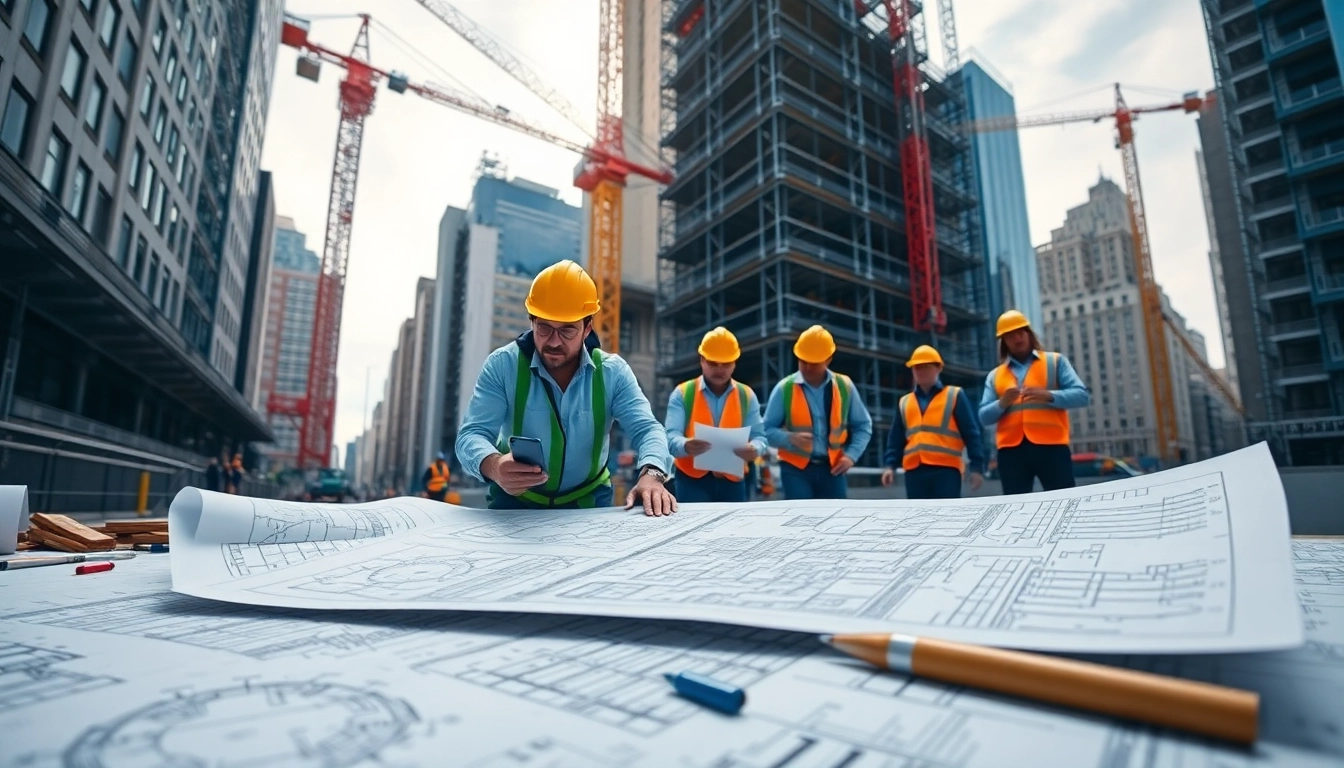 Manhattan Commercial General Contractor overseeing a bustling construction site with architectural blueprints.