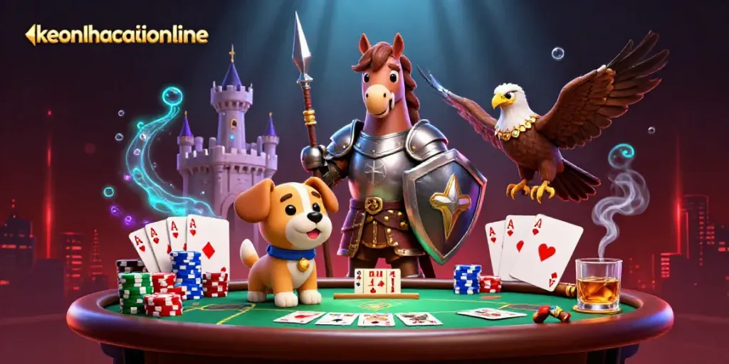 Join the action with keonhacaionline at the colorful poker table featuring a knight, puppy, and falcon.