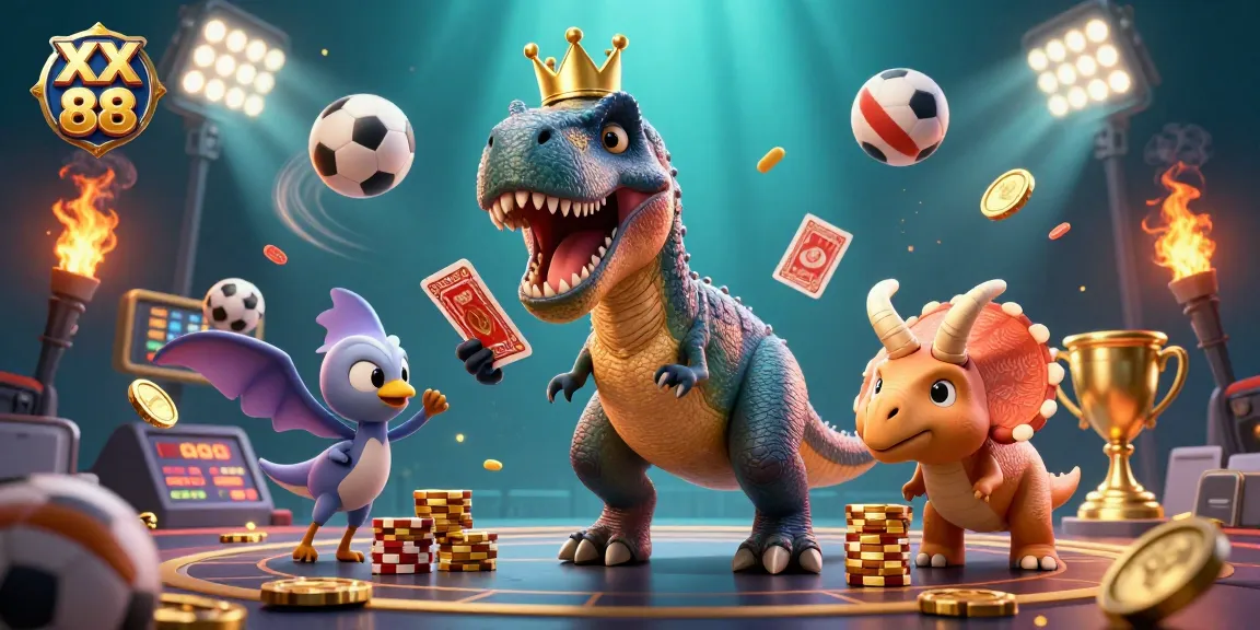 Engage with the XX 88 gaming scene featuring a T-Rex, Pterodactyl, and Triceratops in a dynamic casino atmosphere.