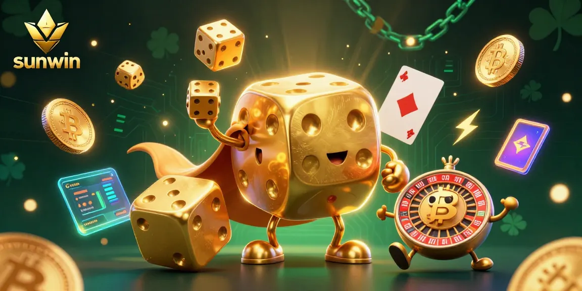 Engage with sunwin's vibrant 3D dice golem character amidst glowing crypto elements, showcasing excitement in gambling.