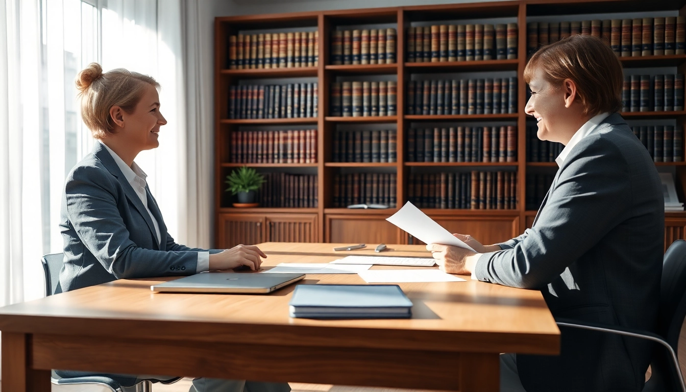 Lawyer explaining enduring guardian processes to a client in a bright office setting.