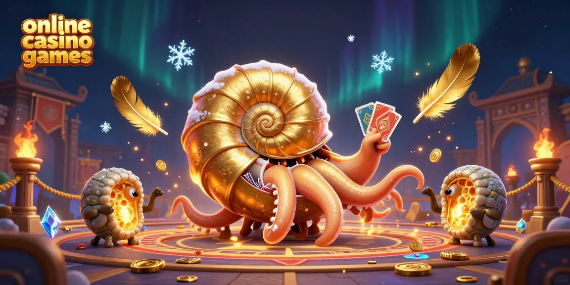Experience thrilling online casino games in a vibrant 3D illustration featuring a giant nautilus and glowing ammonites.