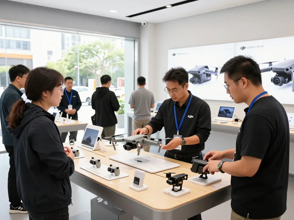 Engaging DJI retail scene highlighting a rivenditore dji assisting customers with drone displays and product demonstrations.