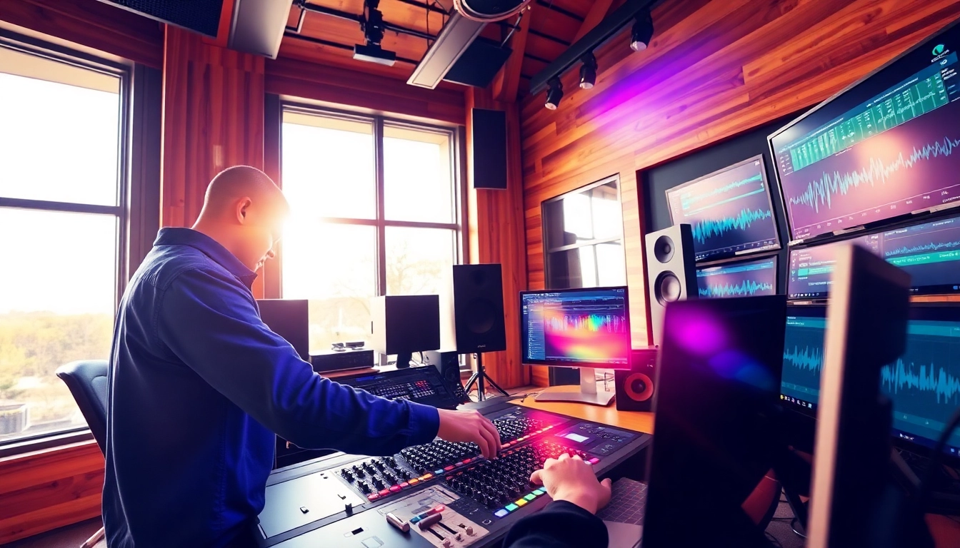 Engaging sound engineer showcasing online mastering services in a vibrant, modern studio.