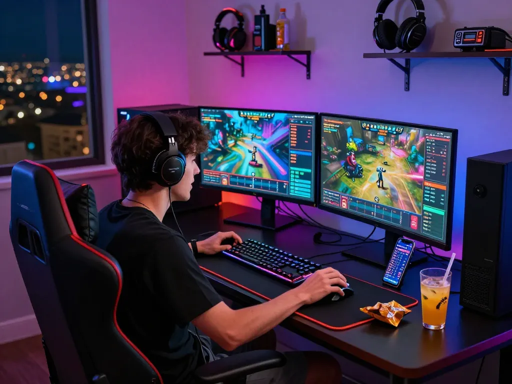 Exciting online gaming scene showcasing a player engaged in Sun Win gaming on multiple monitors in a vibrant atmosphere.