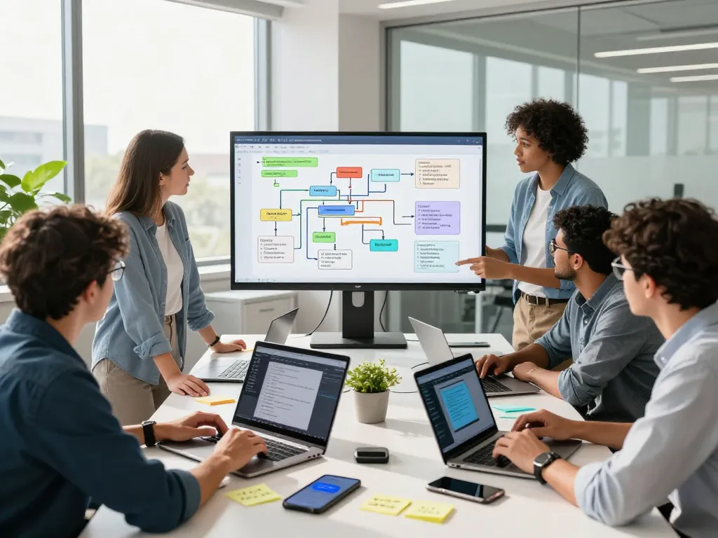 Automation team collaborating on workflow solutions in a bright office setting