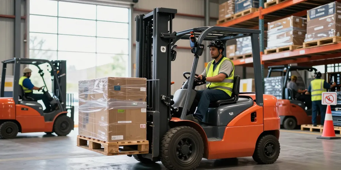 Best forklift in Texas operational scene with electric forklift lifting pallets in a busy warehouse.