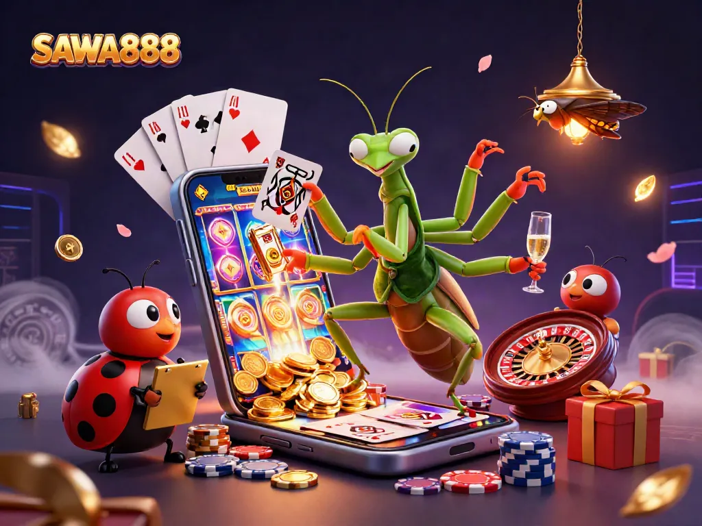Engage with SAWA888 for thrilling casino experiences featuring a giant mantis card sharp and ladybug pit boss.