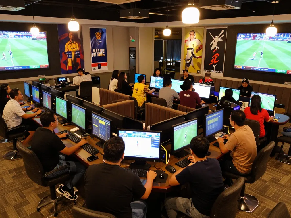 Suasana lounge taruhan olahraga yang menarik dengan pengunjung yang memasang taruhan bola di layar