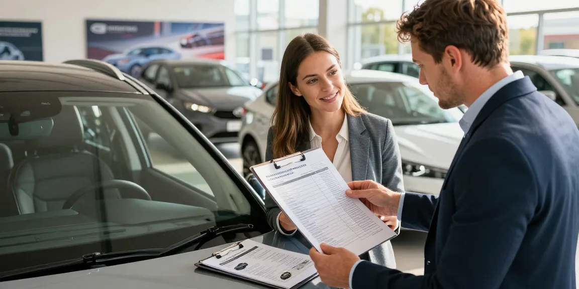 Couple inspecting car history report for reg check UK at dealership, showcasing trust and transparency.