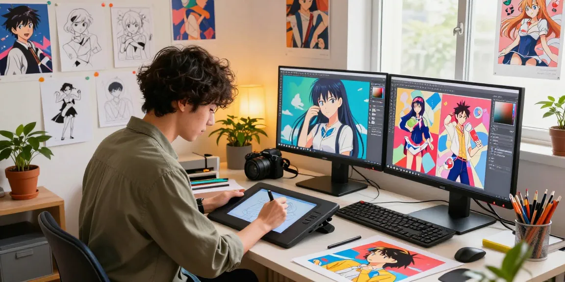 Artist creating ai ecchi characters in a vibrant digital art studio