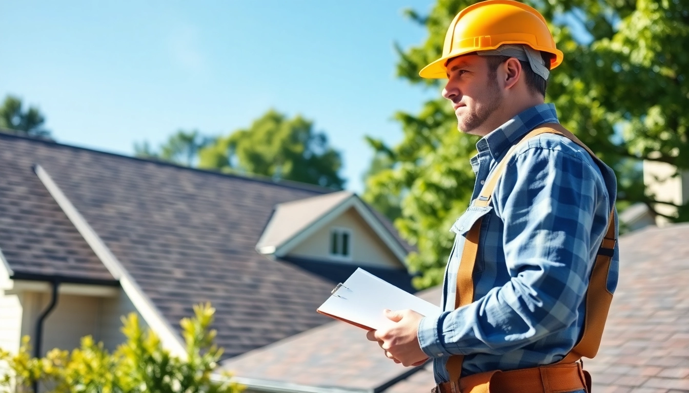 Roofing contractor analyzing a residential roof, showcasing expertise and professionalism.