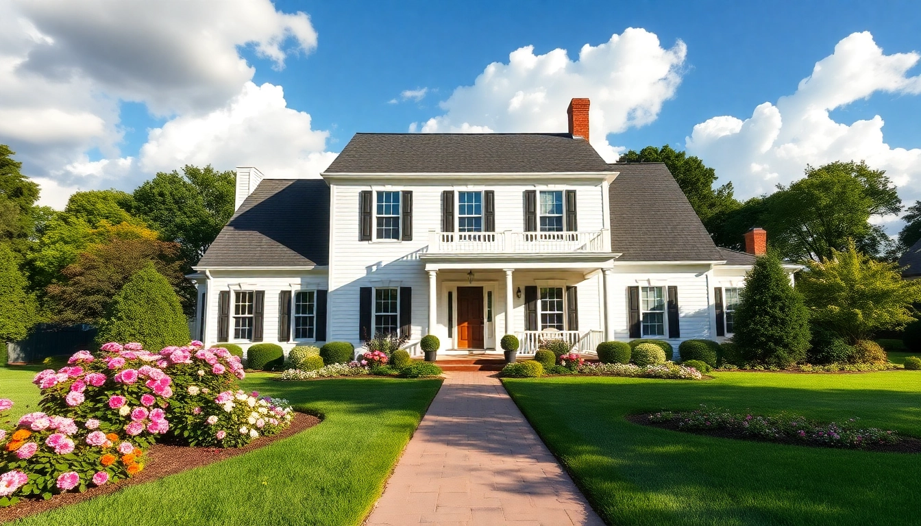 Visualize colonial home construction illustrating a stunning traditional design surrounded by lush landscaping.