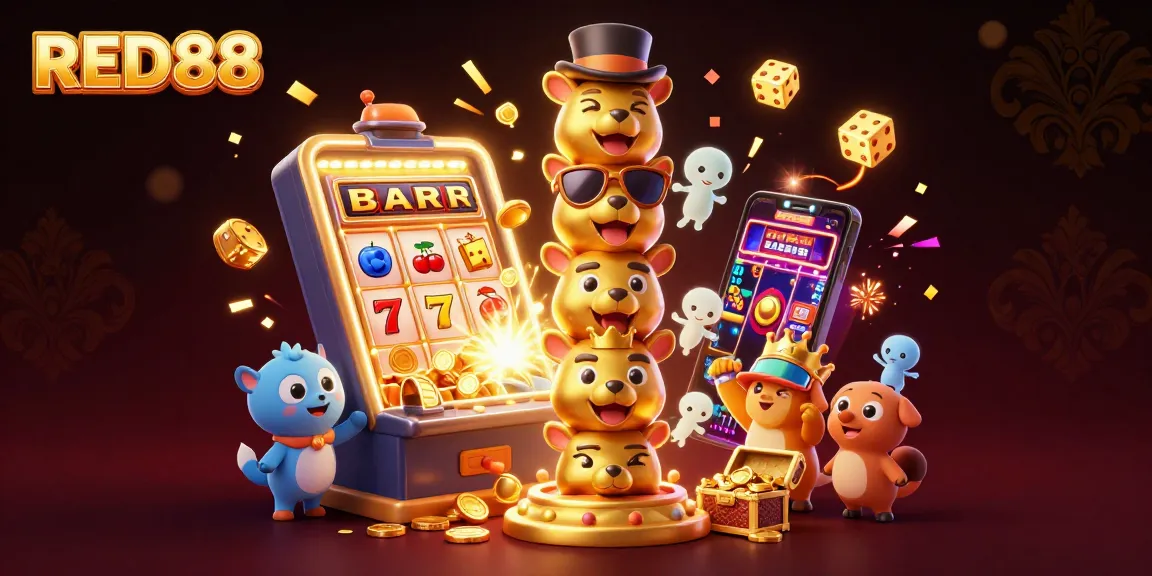 Engage with thrilling casino vibes in this RED88 illustration featuring totem animals, jackpots, and shining treasures.