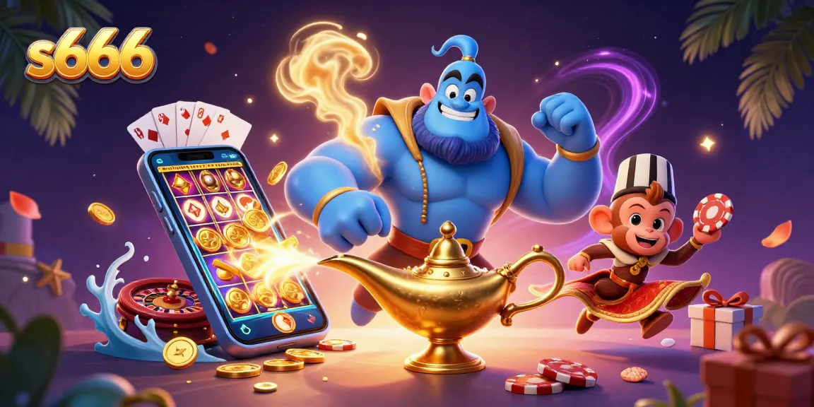 Experience thrilling gaming at s666 with a dynamic scene of a cartoon genie, poker chips, and colorful slot games.