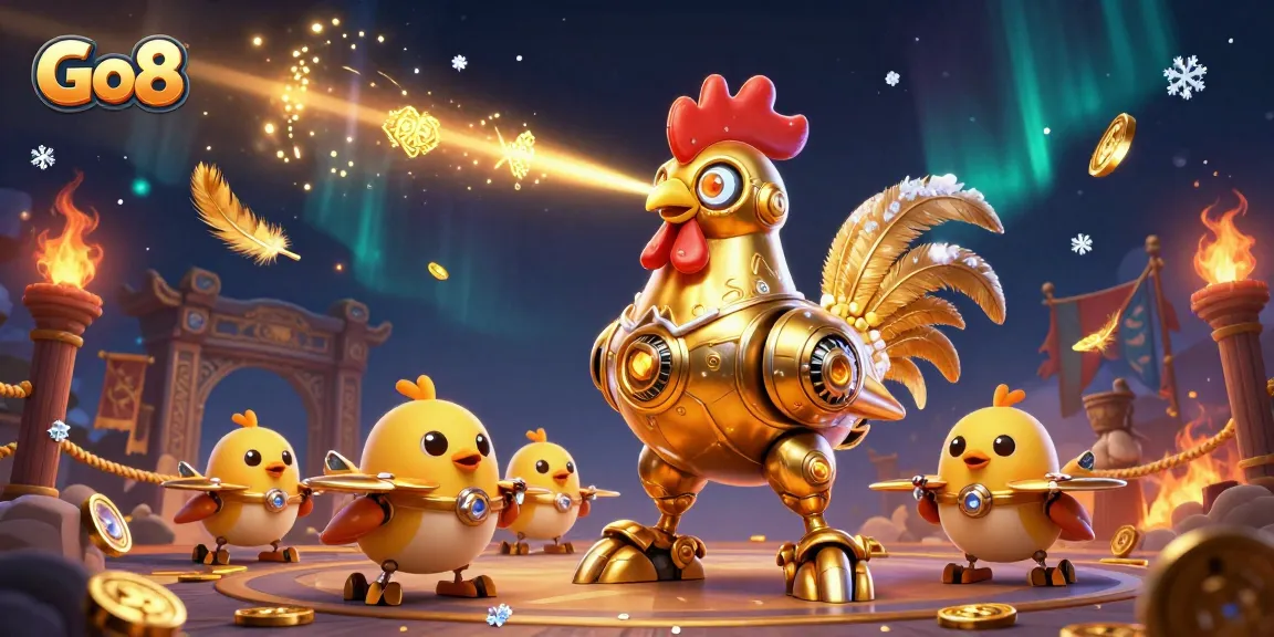 Engage with Go8 through an energetic illustration of a golden rooster robot and baby chick drones in an exciting casino atmosphere.