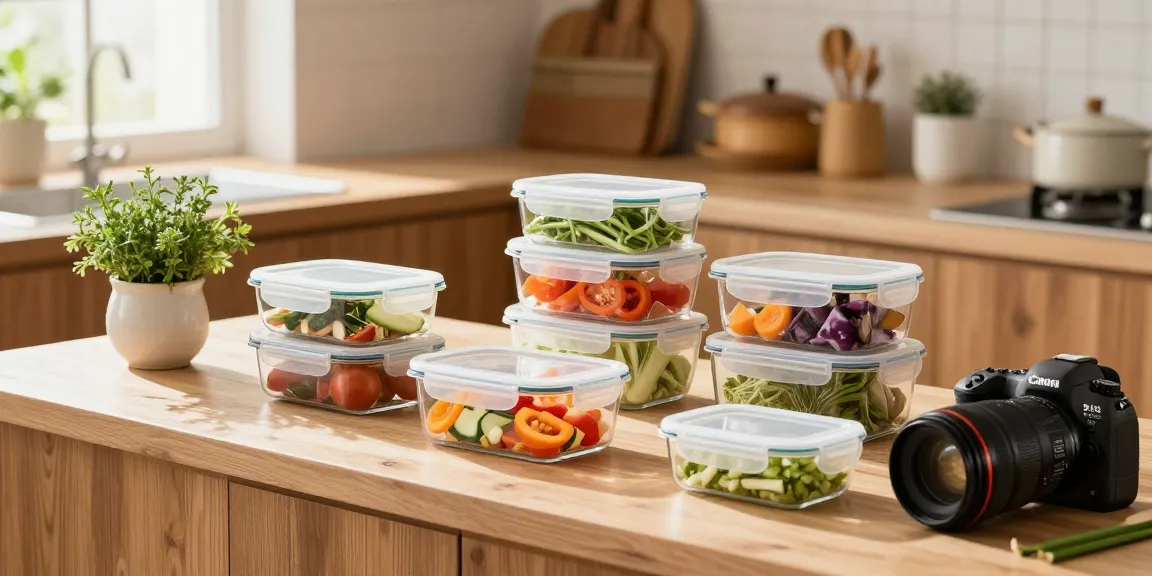 Organized kitchen with food storage containers with lids on countertop, fresh ingredients prepared for meal prep.