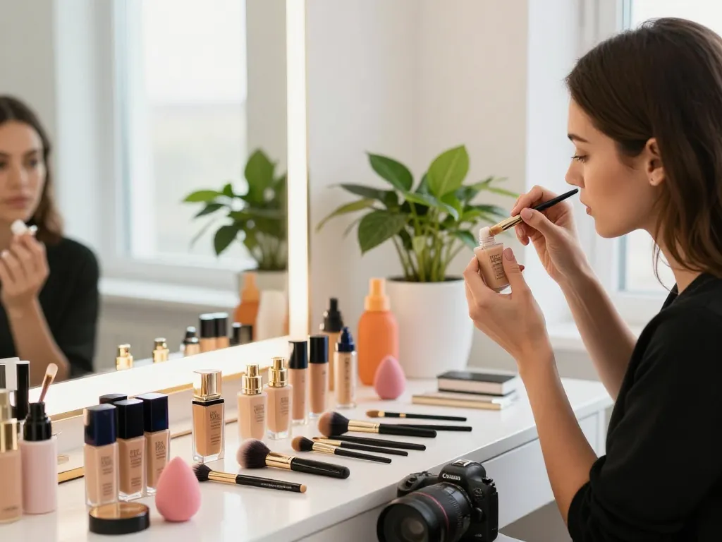 Expert applying the best foundation for oily skin in a modern beauty studio with vibrant products.
