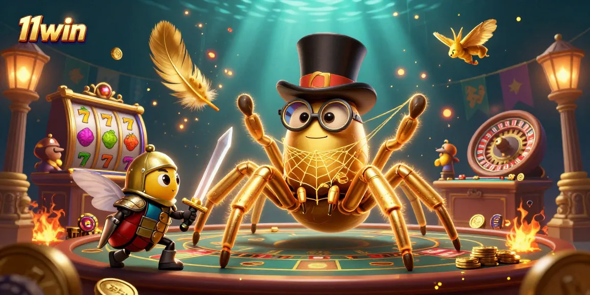 Experience the vibrant scene at 11win with a golden tarantula and beetle knight amidst thrilling casino action.