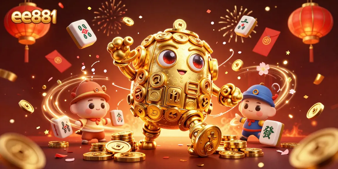 Engage with the slots action at ee881 with a festive illustration featuring golden golems and rich casino elements.